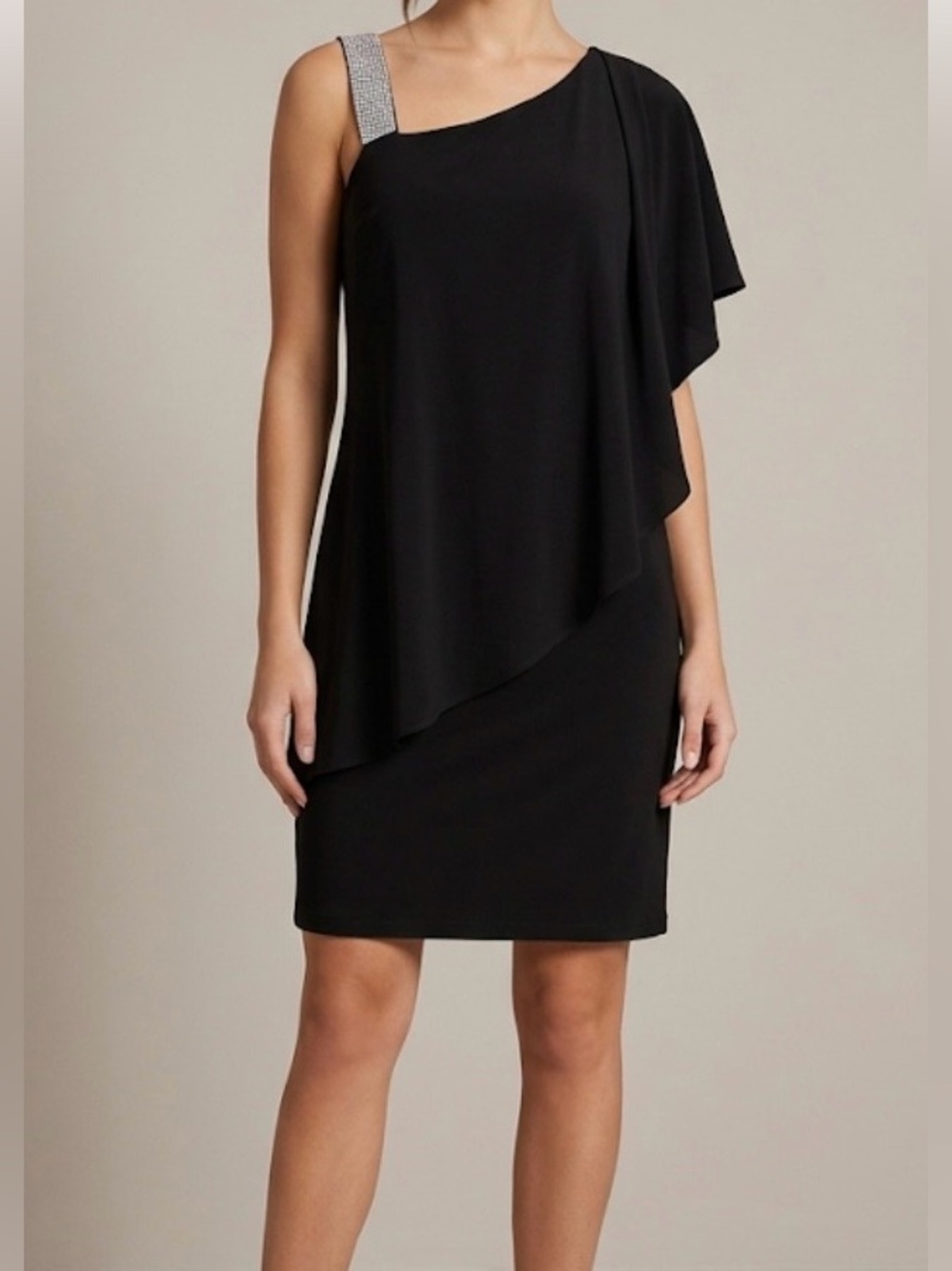 R & M Richards Black One-Shoulder Dress with Rhinestone Strap